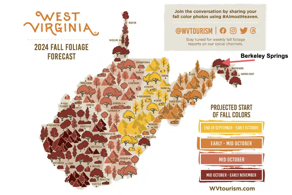 An illustrated map of West Virginia shows the 2024 fall foliage forecast by region. Color gradients indicate peak foliage periods: end of September/early October, early/mid October, mid October, and mid/late October. Icons display trees in fall colors.